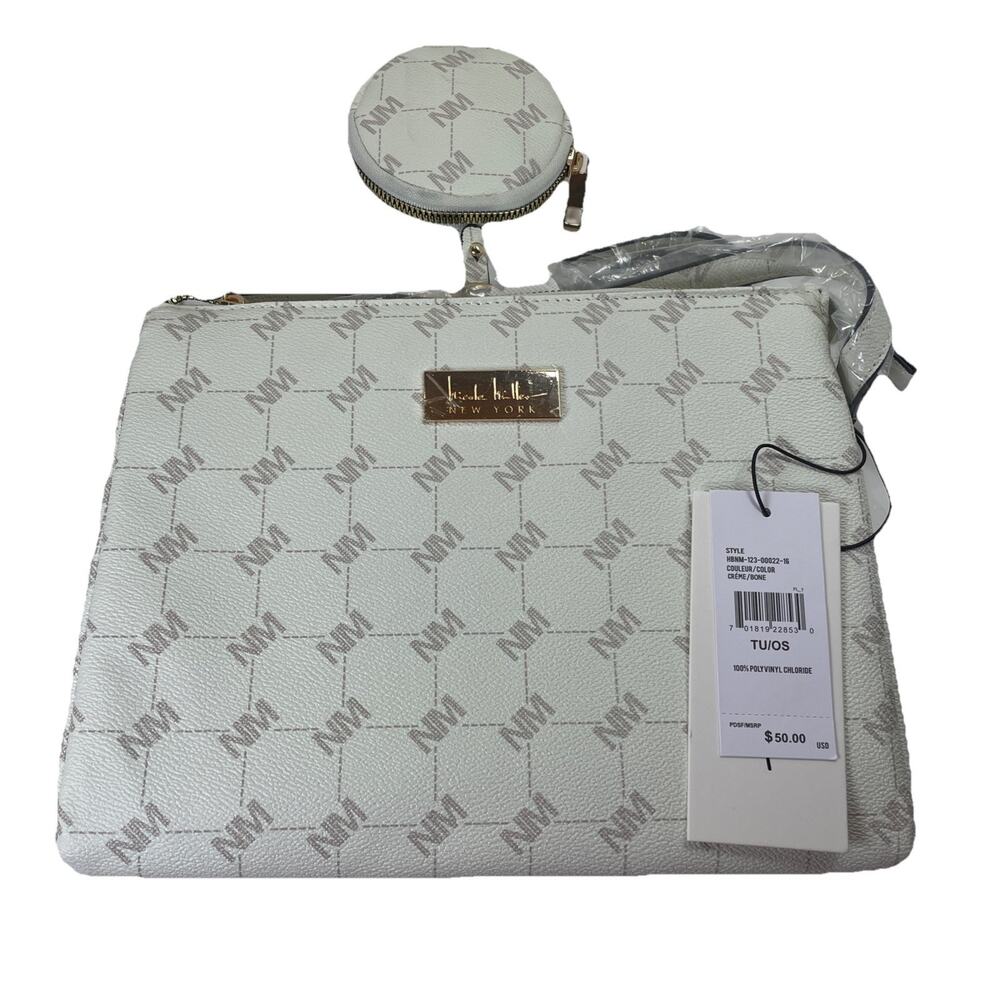 Nicole Miller Crossbody Purse Bone Faux Leather Shoulder Bag Gold Hardware NWT
